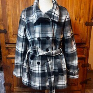 Ike Behar Women's Black & White Plaid Peacoat w/ Belt - Size XL